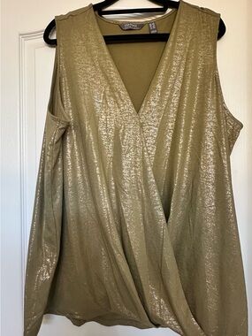 Lisa Rinna Collection Metallic Olive Green Sleeveless Wrap Top